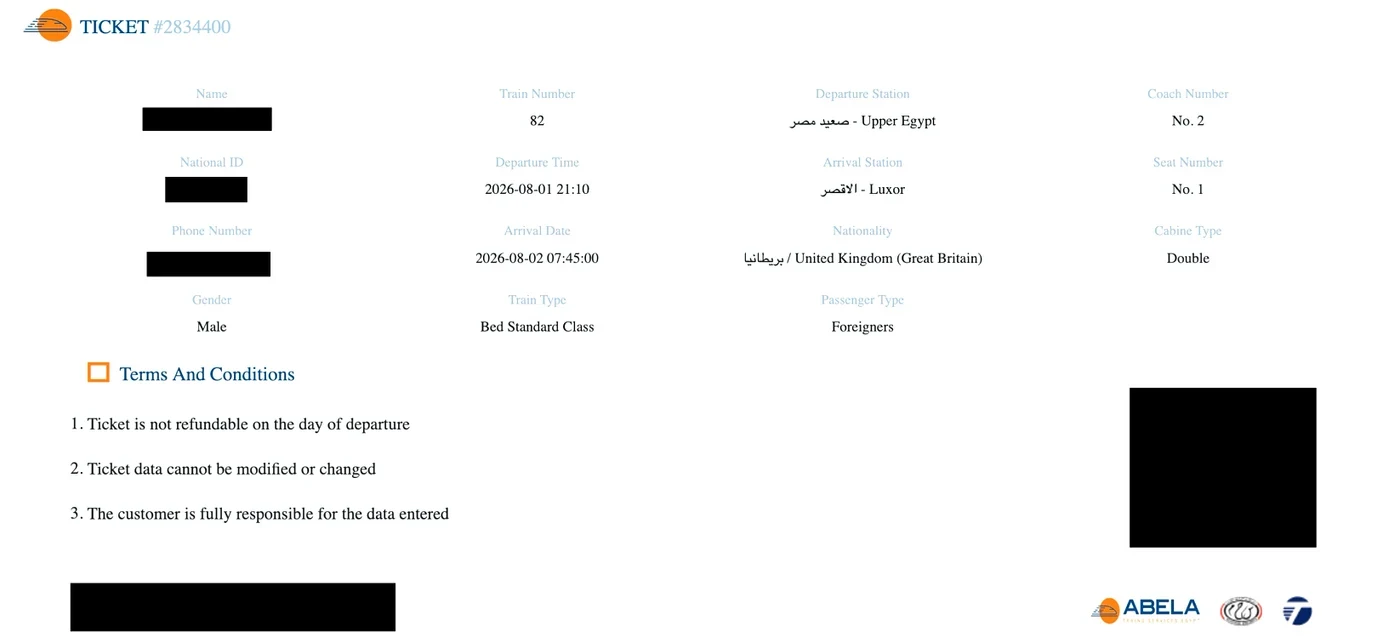 Example of an issued Cairo to Luxor sleeper train ticket
