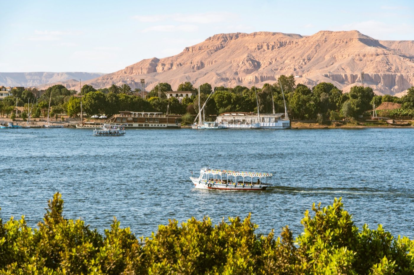 The Nile at Luxor with the West Bank hills behind